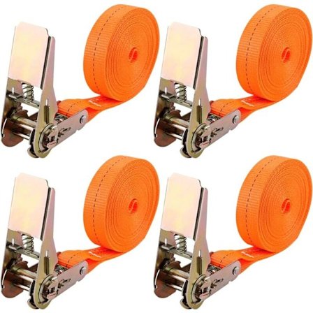 4 stk. spændebånd med skralde, længde 6 m, bredde 25 mm, surringsbånd med skralde, strammebånd, understøtter en samlet maksimal belastning på 1000 kg