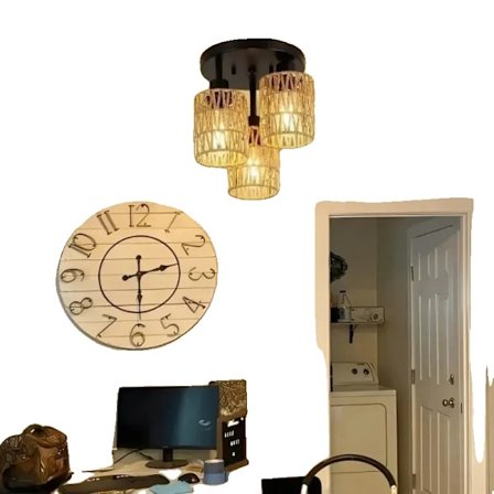 Handgjord Rattan Taklampa, Vävd Hampadesign, E27 Sockel, 3 Ljuskällor,Ingen lampa