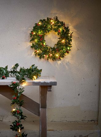 Krans Holly Kristhorn m/lys batteridrevet Ø30 - grønn