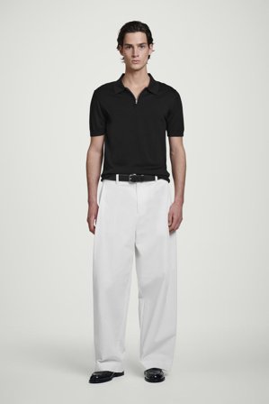 COS Men's Slim Knitted Silk Zip-Up Polo Shirt in Black