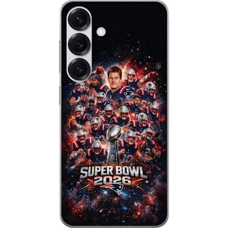 Yhteensopiva Puhelinkuori Samsung Galaxy S25 Super Bowl 2026 juliste, jossa New England Patriots ja NFL-mestaruuspalkinto räjähtävän urheilullisessa s