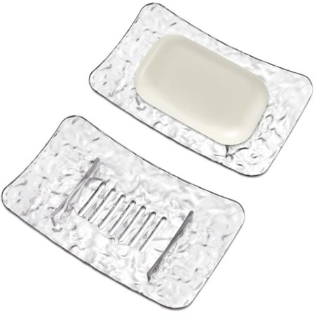 Et sett med to moderne, luksuriøse oppvaskstativer med dreneringsfunksjon, egnet for dusjer, bad, vasker, kjøkken og toaletter; transparent design.