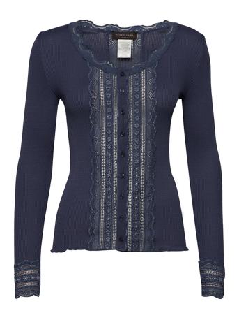 Silk Cardigan Ls W/ Lace Strikkegenser Cardigan Blå Rosemunde