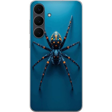 Kompatibelt Mobildeksel til Samsung Galaxy S25 FE Dramatisk makroillustrasjon av eksotisk edderkopp i blått og orange mot minimalistisk bakgrunn.
