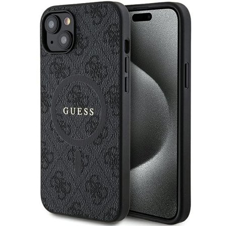 Guess 4G Collection Nahka Metal Logo MagSafe Case for iPhone 14/15/13 - Musta