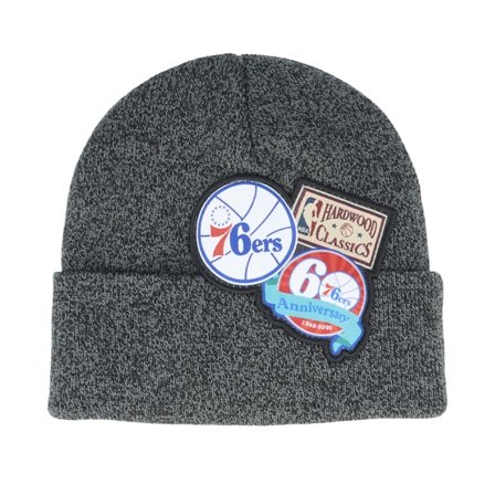 Mitchell & Ness - NBA Zwart cuff Beanie - Philadelphia 76ers XL Logo Patch Knit Heather Black Cuff @ Hatstore