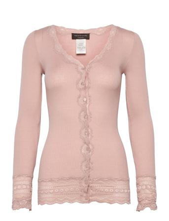 Silk Cardigan Ls W/Wide Lace Pink Rosemunde