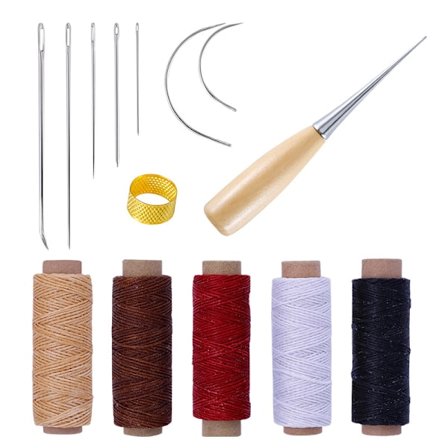 14-delt verktøysett i skinn for reparasjon av håndverk i skinn, vokset tråd i 8 farger med synåler, saks, målebånd for å sy skinn, skinnsko, osv.