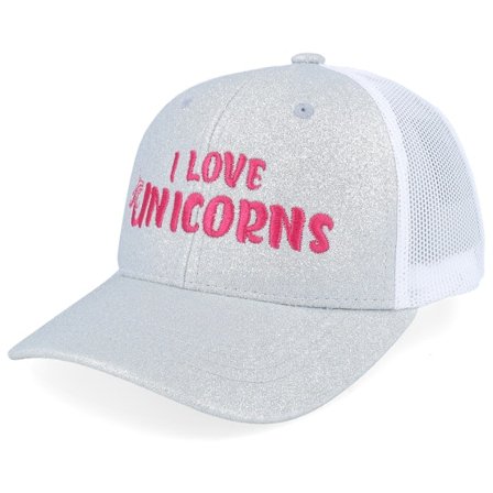 Unicorns - Grå trucker Caps - Kids I Love Unicorns Silver Glitter/White Trucker @ Hatstore