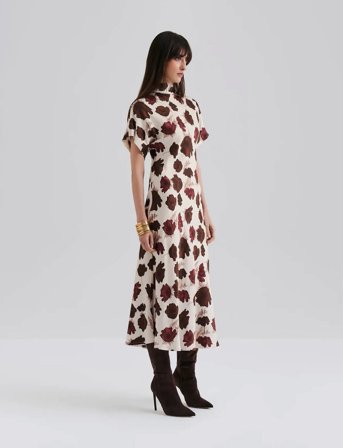 Malina Alivia Short Sleeve Satin Midi Dress - Red - L