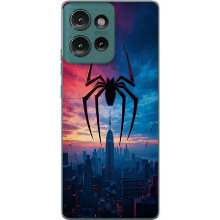 Kompatibel Mobilcover til Motorola Motorola Edge 50 Stiliseret edderkop over byens silhuet i dramatisk solnedgang, grafisk fantasyillustration med stÃ