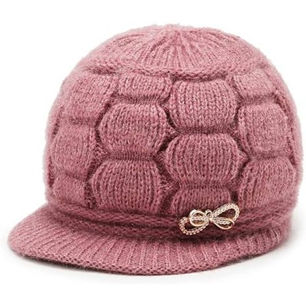 Visorlue for kvinner - Varm vinterlue med strikket elastisk ull (rosa)