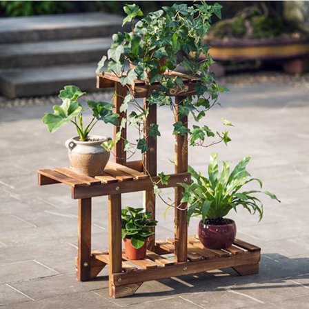 3-våningsställ i karboniserat trä för växter, blomkrukshylla, balkong, trädgårdshållare