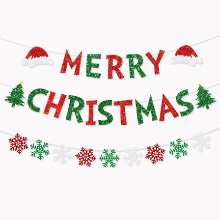 Juldekoration: 1 st "God Jul"-banderoll, röd & grön glittrig julgirlang med snöflingor, festlig
