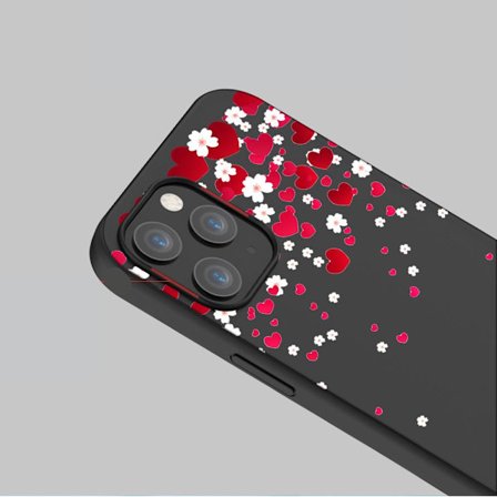iPhone 13, Pro og Max romantiske blomster og hjerter med svart skall
