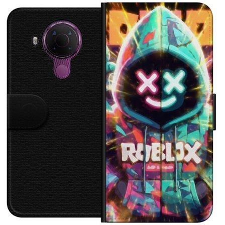 Yhteensopiva Lompakkokotelo Nokia Nokia 5.4 Neonvärisellä Roblox-hupparihahmolla on hehkuvia efektejä ja energialla täytetty tausta, moderni peli-