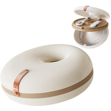 Opbevaringsæsken til retainere indeholder et fjernelsesværktøj og et udskifteligt børstehoved, beige.