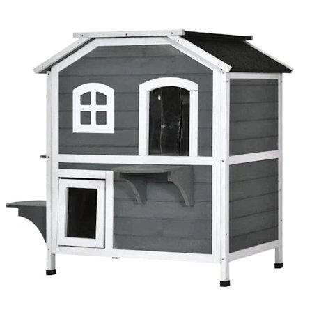 Rootz Cat House - Cat Hut - 2-story Cat Mansion - Waterproof Cat House - Asphalt Roof - Fir Wood - Grey - 78 x 55.5 x 91 cm