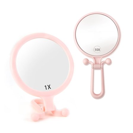 Handhållen förstorande smink spegel rese dubbelsidig plånbok spegel 1X/10X hopfällbar handhållen kosmetisk bärbar liten fåfänga spegel, rosa