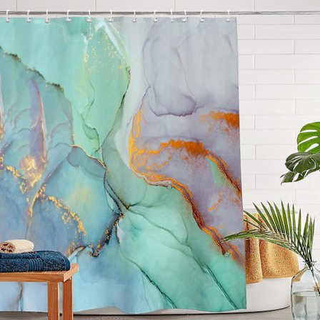 Abstrakt grön grå marmor duschdraperi modernt badrum draperi vattentät duschset badrumsdekor med 12 krokar, 71 x 71 tum