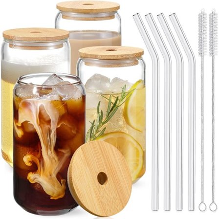 Dricksglas med bambulock och glasstrå 4-pack - 16oz burkformade glas, ölglas, iskaffeglas, söt tumlare, perfekt