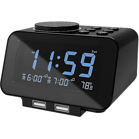 Digital väckarklockaradio - FM-radio med/ insomningstimer, 2 USB laddningsportar, termometer-svart