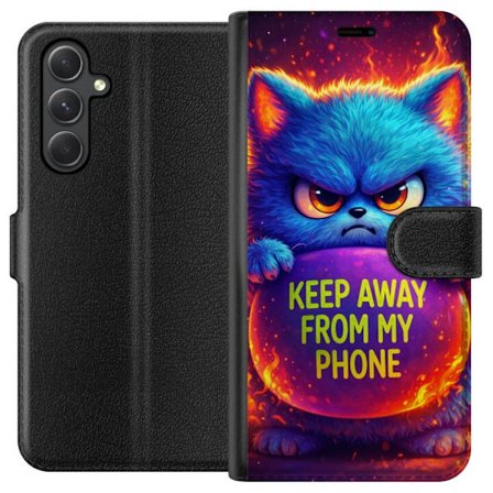 Kompatibel Tegnebogsetui til Samsung Samsung Galaxy A05s Vred luvat blå kat med teksten "Hold dig væk fra min telefon" i neonfarver og ildlignende e