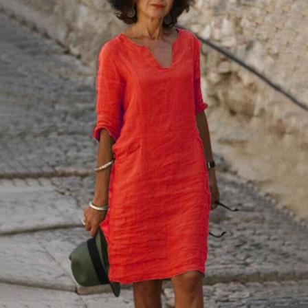 Kortärmad dam midiklänning i bomull, linne, solid V-ringad, Baggy Sundress-9 red 3XL