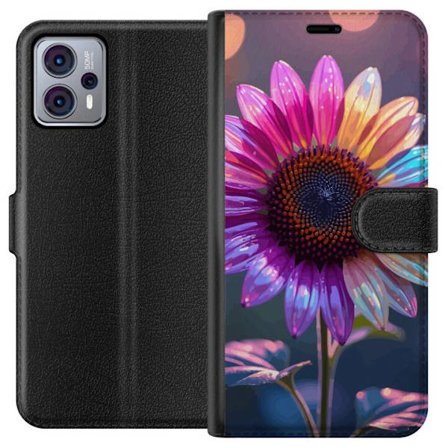 Kompatibelt Lommeboketui til Motorola Moto G23 Irideserende blomst med glitrende kronblad i rosa lilla og gull mot myk bokeh bakgrunn