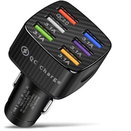 6-port USB-biloplader, Qc3.0-bilopladeradapter, 15A shunt-biltelefonoplader med lys, biladapter - sort