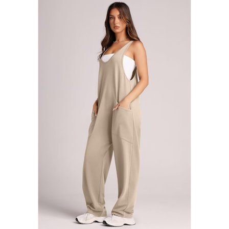 EFAN Dame Casual Sommer Ermeløs Jumpsuit Lang Løs Passform Bodysuit med Lommer - Khaki Størrelse XXL