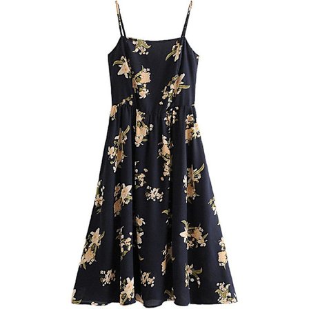 Hihaton mekko neliöpääntiellä ja isolla kukalla, ohut olkaimeton midi-hame