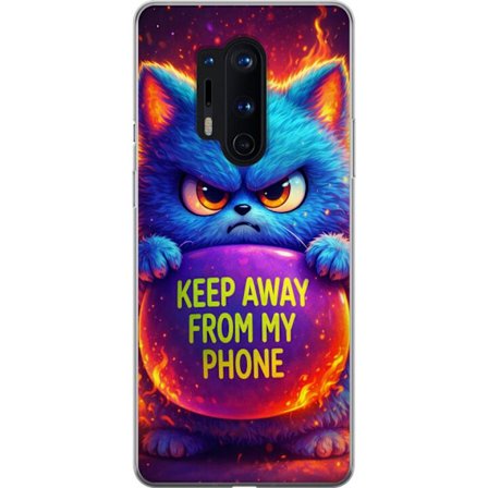 Yhteensopiva Puhelinkuori OnePlus OnePlus 8 Pro Vihainen pörröinen sininen kissa, jossa teksti "Pidä loitolla puhelimestani" neonväreillä ja tuli