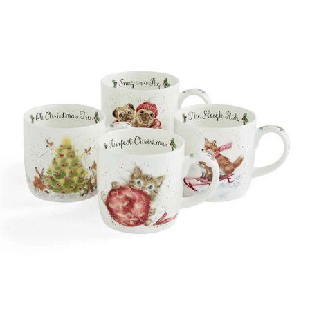 Wrendale Designs Royal Worcester Sett med 4 Julekrus med Dyremotiver