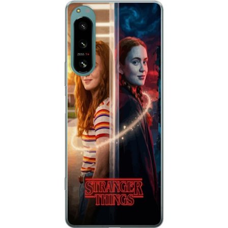 Kompatibelt Mobildeksel til Sony Xperia 5 IV Delt portrett av Max Mayfield mellom hverdag og mørk parallellverden i Stranger Things-stil