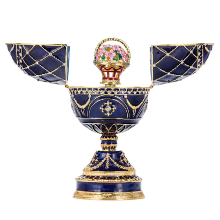 Faberge stil æg Musikæske Smykkeskrin med kurv med blomster 17 cm blå