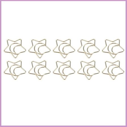 Gemensamma pappersklämmor, 10 stycken, Guldstjärne- och måneklämmor, tillverkade av järn, unik design, litet järnvaru-/pappersvaruföremål.