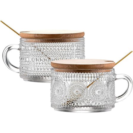 2 st Vintage Kaffemuggar, 400 ml Te-koppar i Glas med Skedar, Genomskinliga Präglade Glasmuggar, Kaffemuggar i Glas B