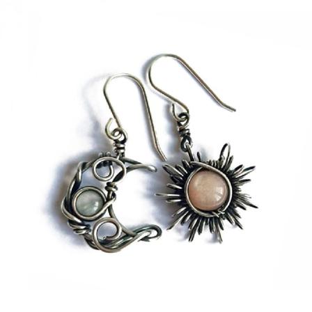 Antiqued Silver for Sun and Moon Hook Örhängen Bohemia for Celestial Moonstone Dangle Drop Örhängen Kvinnor Boho Fashion J