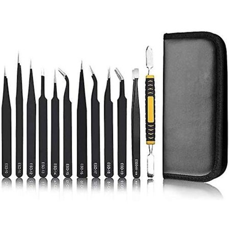 Sæt med 12 antistatiske præcisionspincetter i rustfrit stål til elektronik, smykkearbejde, laboratoriearbejde, øjenbryn og hår