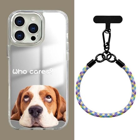 3-i-1 Spejl Telefon Cover - Who Cares Hund + 7mm Håndledsrem Kompatibel med iPhone 15 Pro Max