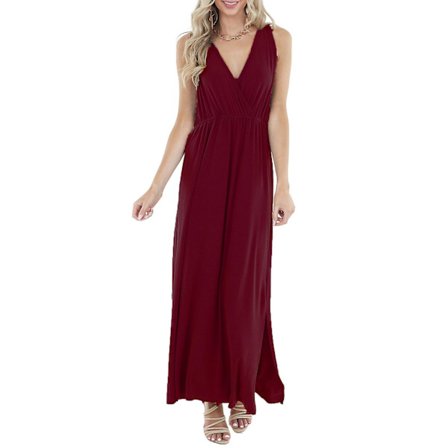 Ladies Sleeveless Deep V-neck Loose Solid Color Long Casual Backless Dress Wine Red