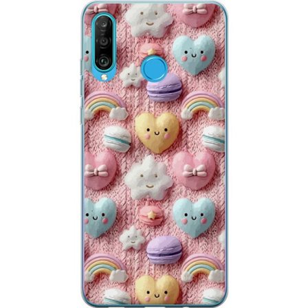 Kompatibelt Mobildeksel til Huawei P30 lite Pastellmotiv med hjerter, skyer, regnbuer og makroner mot rosa bakgrunn i en søt drømmende stil.