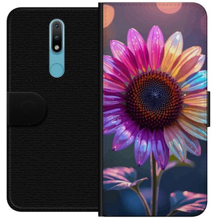 Kompatibelt Lommeboketui til Nokia 2.4 Irideserende blomst med glitrende kronblad i rosa lilla og gull mot myk bokeh bakgrunn