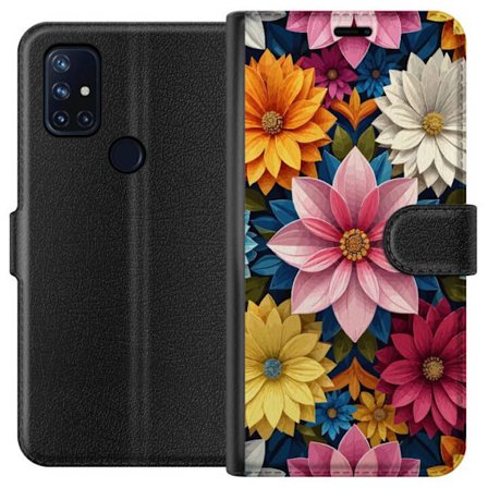 OnePlus Nord N10 5G Plånboksfodral Färgrikt blommönster med stora lagerblad i rosa, gult, blått och vitt, dekorativ botanisk illustration