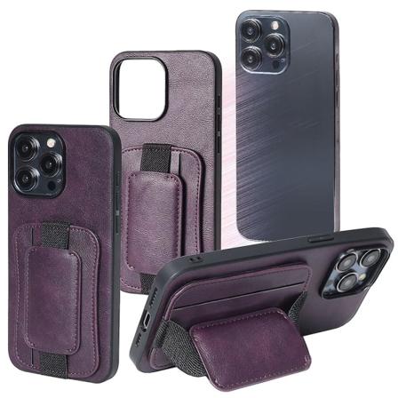 For iPhone 15 Pro PU Læderbelagt TPU Telefon Cover Rotary Hånd Band Kickstand Kort Holder Purple
