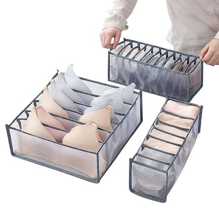 3 stk. sammenklappelige bh-opbevaringsboks med nylonnet til opbevaring i skabet til sokker, undertøj, slips, lingeri og tørklæder