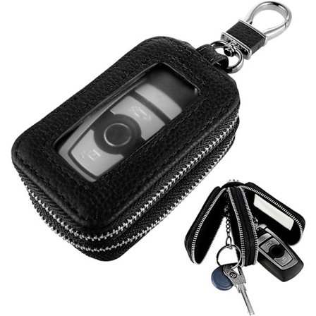 Universal dobbeltlags ekte skinn bilnøkkelveske deksel med nøkkelring og karabinkrok, biltilbehør