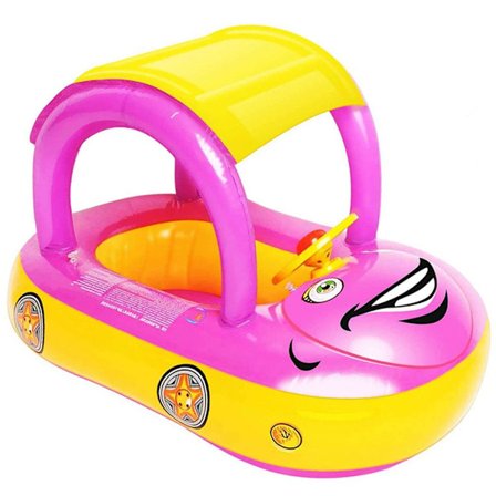 Uppblåsbar babybadring med solskydd, tjock PVC bilformad badring med solskydd för baby barn sommar strand utomhuslek
