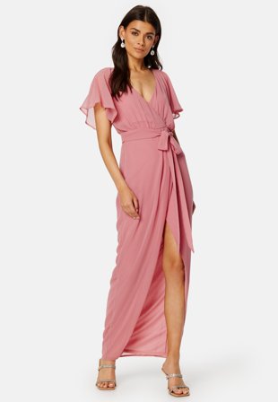 Goddiva Flutter Chiffon Wrap Maxi Dress Warm Pink Klær